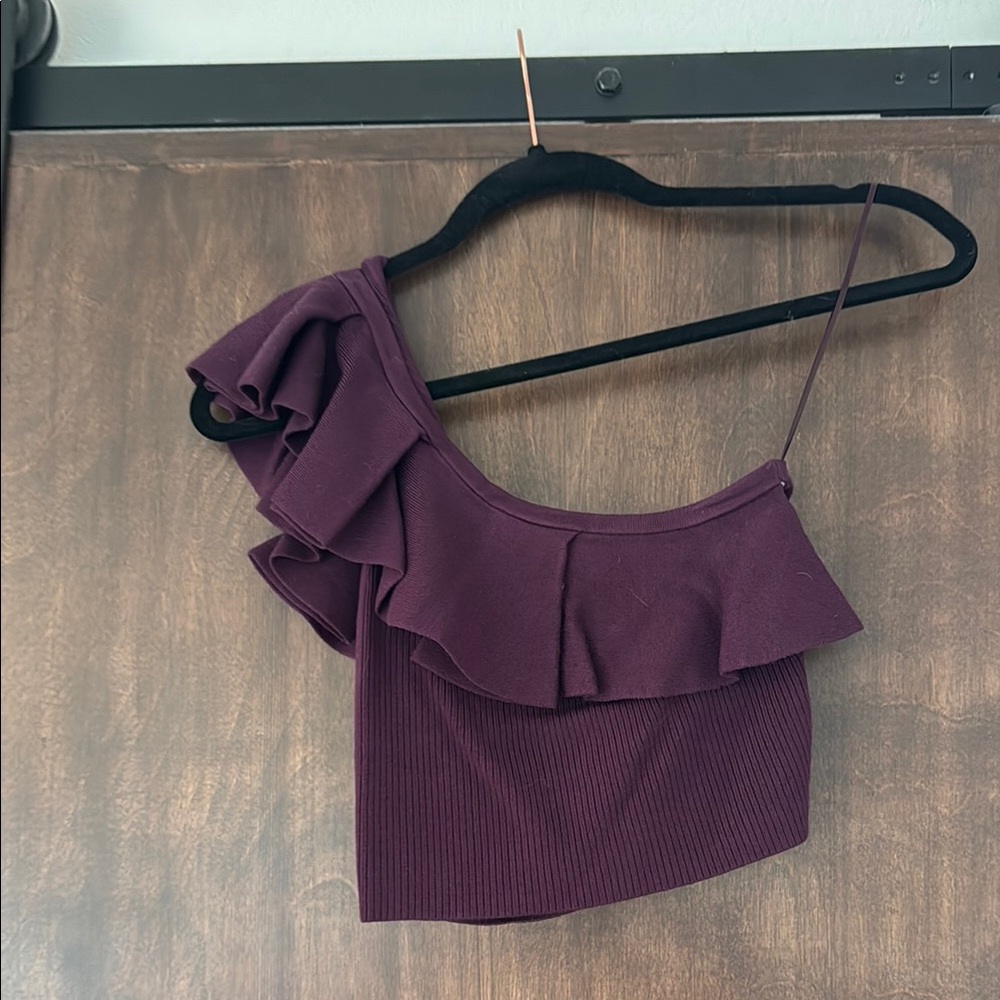 Express Purple Asymmetrical Ruffled Crop Top